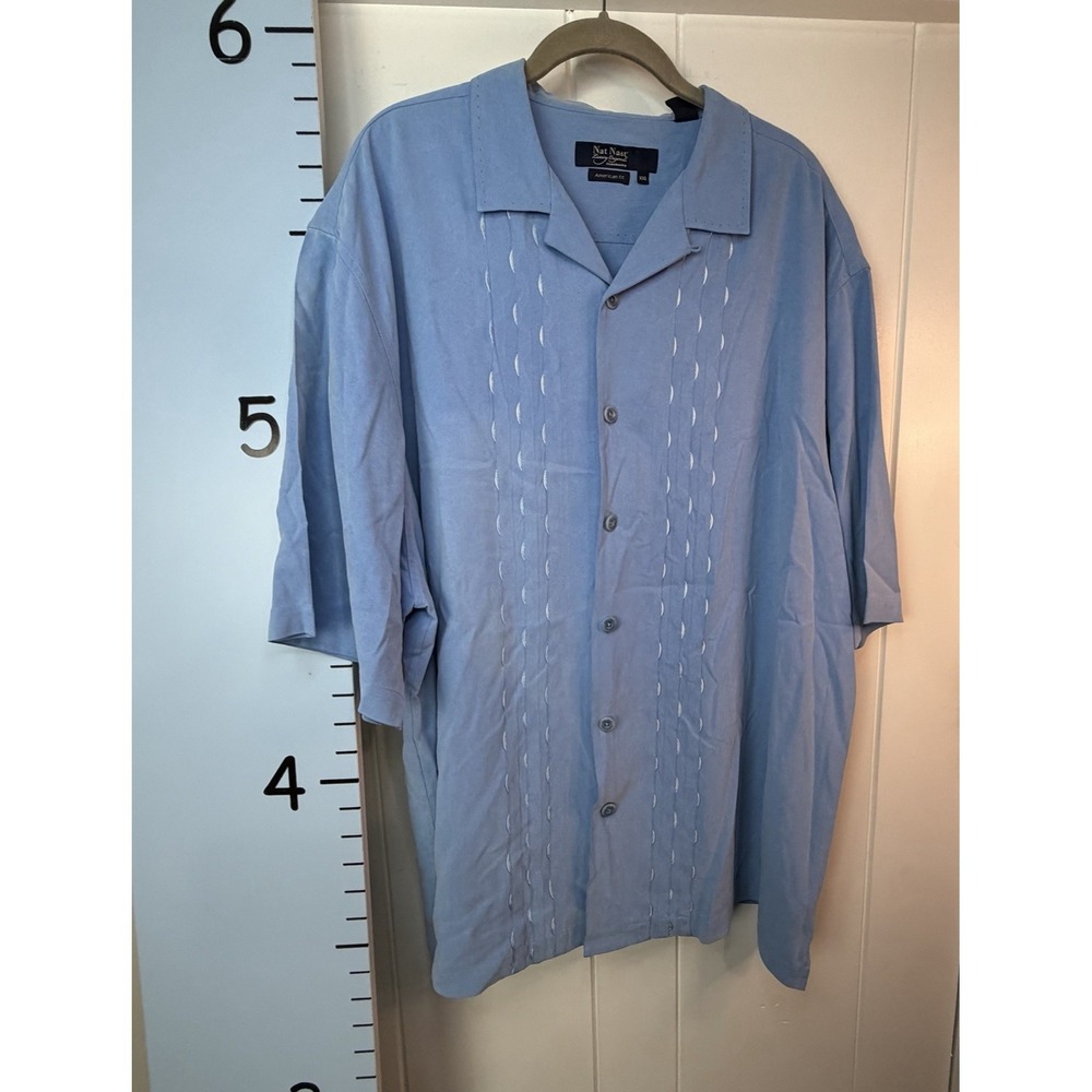 Nat Nast 100% Silk Shirt Mens XXL Cuba Blue White Embroidered Camp Shirt